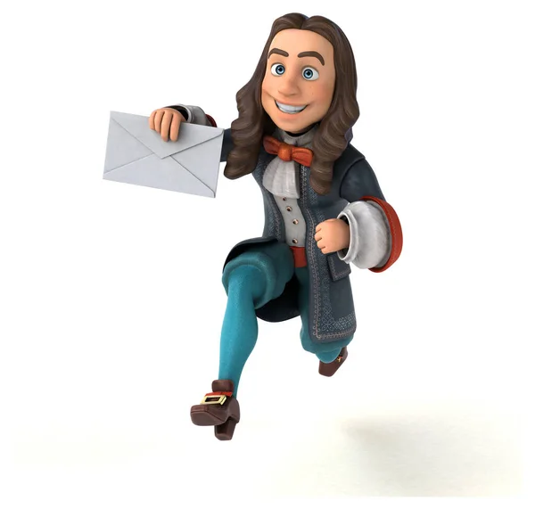 3D Illustration of a cartoon man in historical baroque costume with envelope