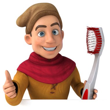 Diş fırçalı bir ortaçağ tarihi karakterinin 3B görüntüsü