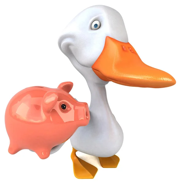 Fun duck  with piggy bank - 3D Illustration