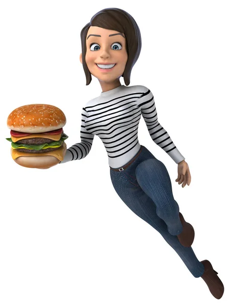 楽しいです3D漫画カジュアルなキャラクター女性とともにハンバーガー — ストック写真