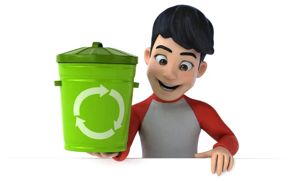 带垃圾桶的漫画风格的3D亚洲青少年 — 图库照片