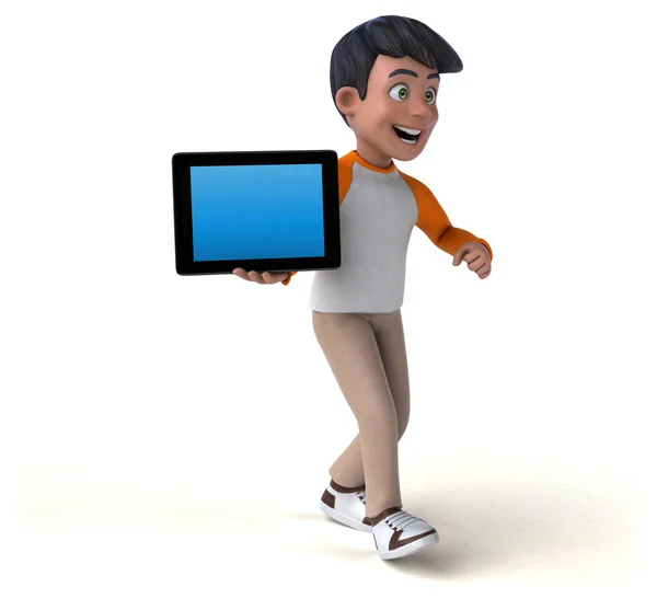 带平板电脑的3D卡通亚洲青少年 — 图库照片