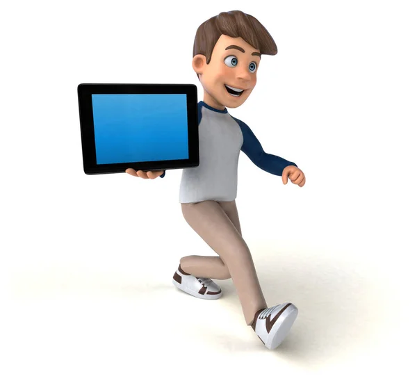 3D卡通人物有趣少年与平板电脑 — 图库照片