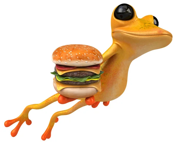 ハンバーガーと楽しい黄色のカエル 3Dイラスト — ストック写真