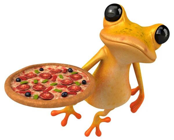带披萨的黄青蛙 3D图解 — 图库照片
