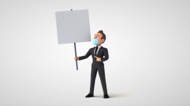 Çizgi film karakteri iş adamı maske takıyor - 3 boyutlu animasyon 