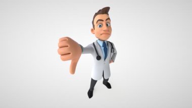 Bir çizgi film karakteri doktorunun üç boyutlu animasyonu. Baş parmağı aşağıda bir maske. 