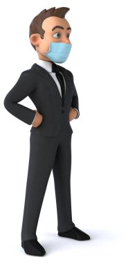 Maskeli bir karikatür karakteri işadamının 3 boyutlu resmi