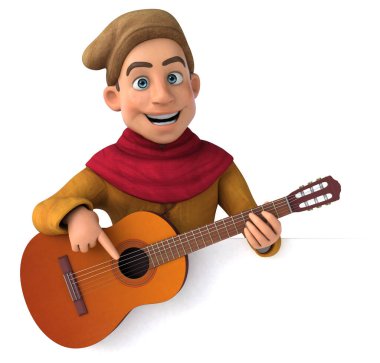 Gitarlı bir ortaçağ tarihi karakterinin 3D görüntüsü