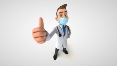 Bir çizgi film karakteri doktorunun üç boyutlu animasyonu. Baş parmağı havada bir maske.