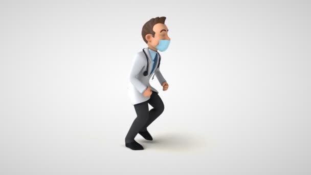 Animation 3D d'un personnage de dessin animé médecin avec un masque en cours d'exécution 