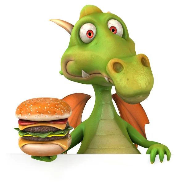 ハンバーガーと楽しい龍 3Dイラスト — ストック写真