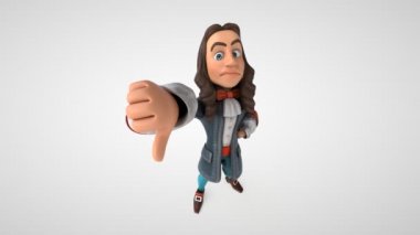3 boyutlu karikatür animasyonu. Tarihi barok kostümlü, başparmağı aşağıda bir adam. 