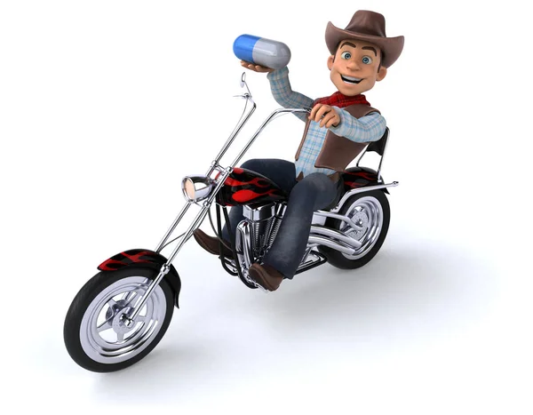 摩托车上的有趣牛仔 3D说明 — 图库照片