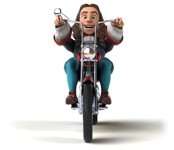 3D Illustration of a cartoon man in historical baroque costume on motorcycle