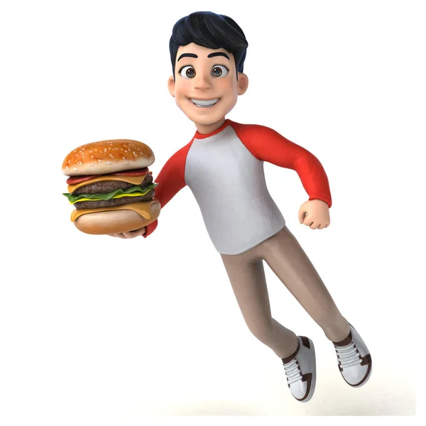 快乐3D亚洲青少年与汉堡包的漫画风格 — 图库照片