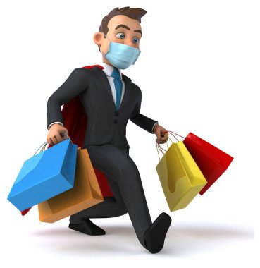 Maske alışverişi yapan eğlenceli bir süper kahraman karakteri 