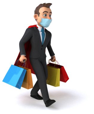 Maske alışverişi yapan eğlenceli bir süper kahraman karakteri 