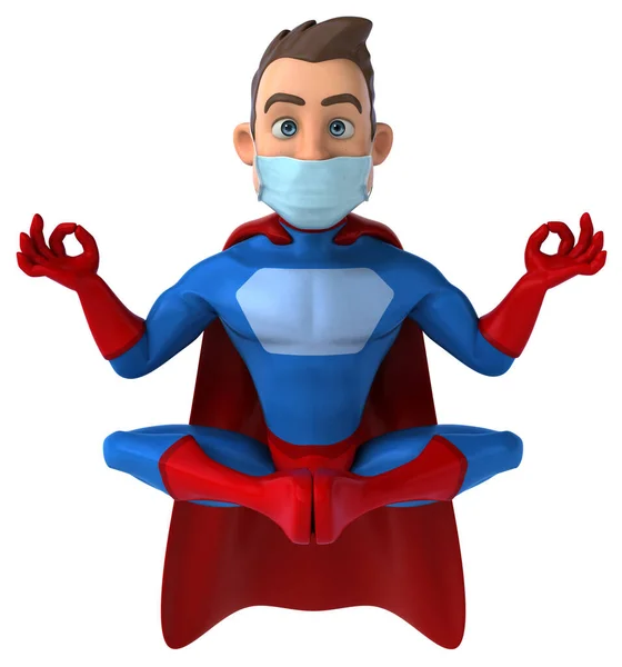 Personagem Super Herói Divertido Desenhos Animados Com Uma Máscara Meditando — Fotografia de Stock