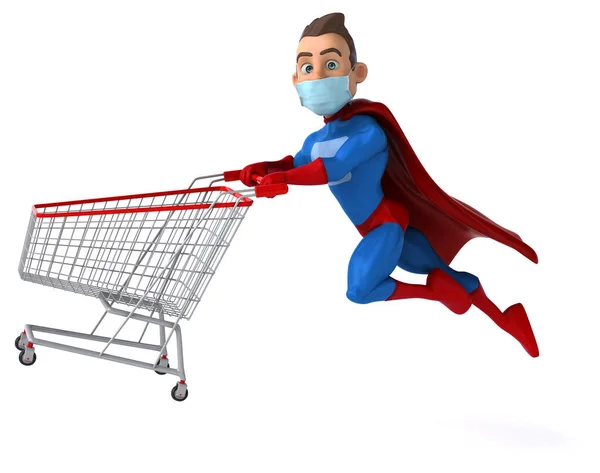 Leuke Cartoon Superheld Karakter Met Een Masker Met Winkelwagen — Stockfoto