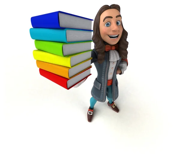 3D Illustration of a cartoon man in historical baroque costume with books