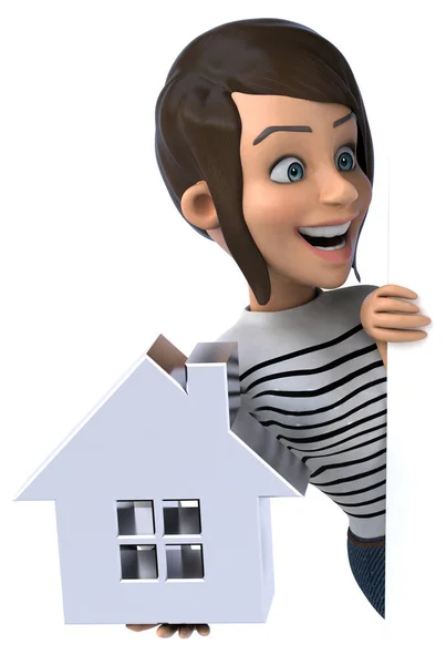 Leuke Cartoon Casual Karakter Vrouw Met Huis — Stockfoto