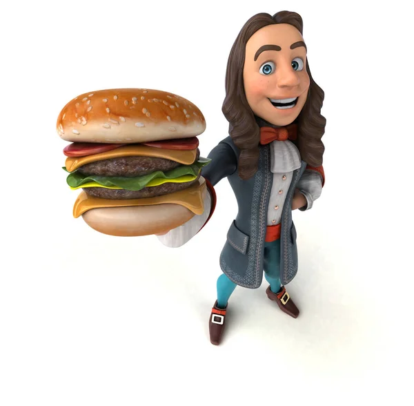 3D Illustration of a cartoon man in historical baroque costume with hamburger