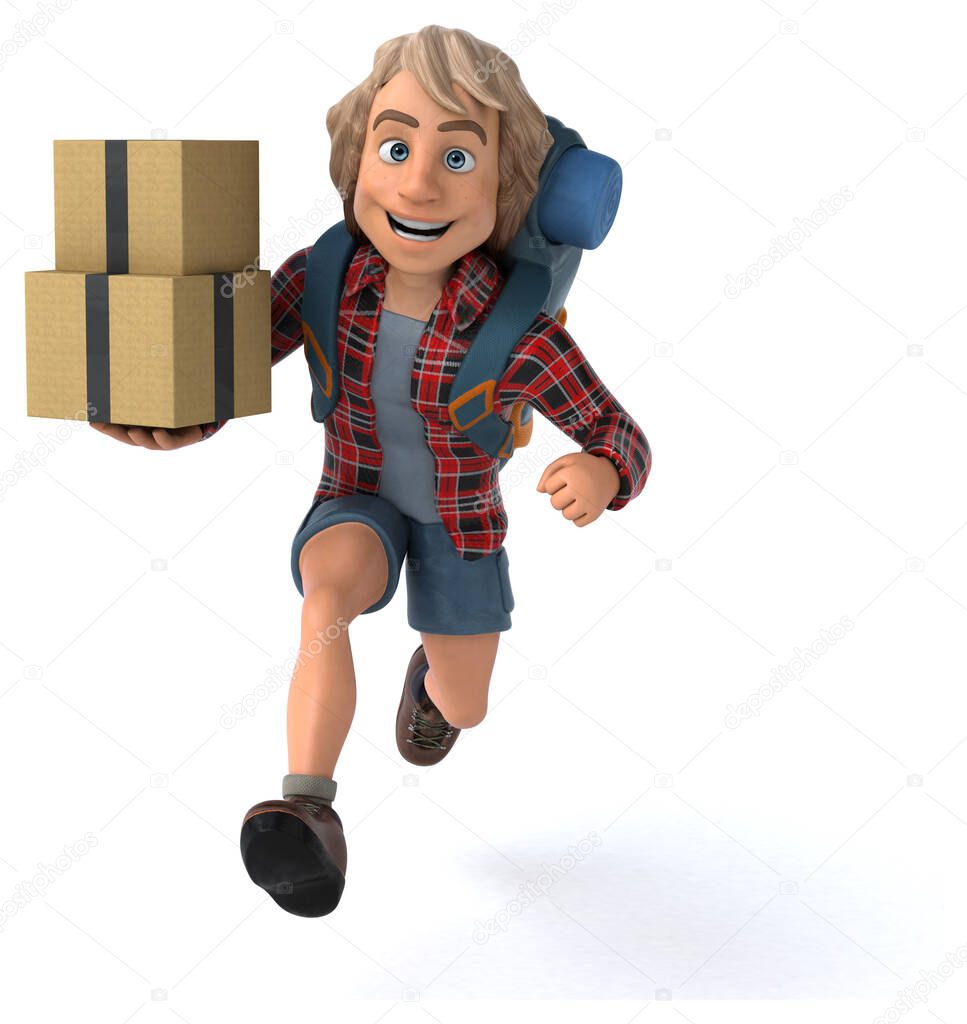 Fun backpacker cartoon guy with boxes - 3D Illustration