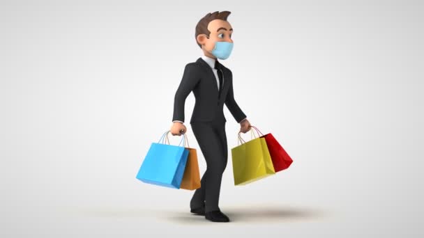 Fun Cartoon Geschäftsmann Charakter Mit Einer Maske Einkaufen — Stockvideo
