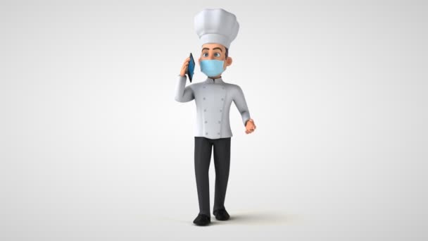 Animação Chef Personagem Desenho Animado Com Uma Máscara Falando Smartphone — Vídeo de Stock