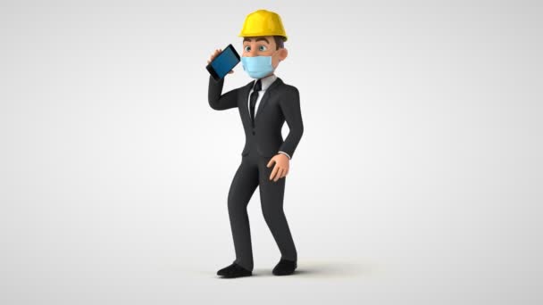 Cartoon Χαρακτήρα Επιχειρηματίας Φορώντας Μάσκα Περπάτημα Smartphone Animation — Αρχείο Βίντεο