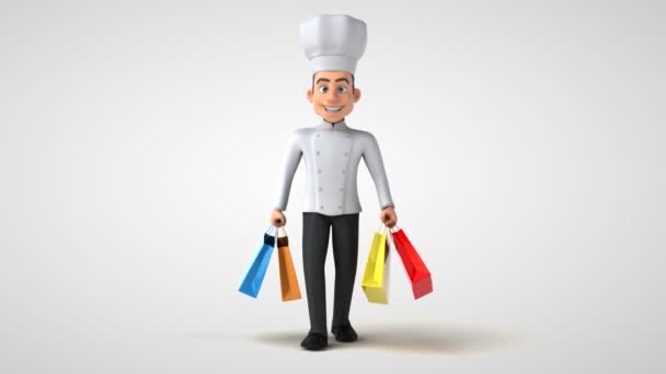 ショッピングバッグで歩く楽しいシェフキャラクター 3Dアニメーション — ストック動画