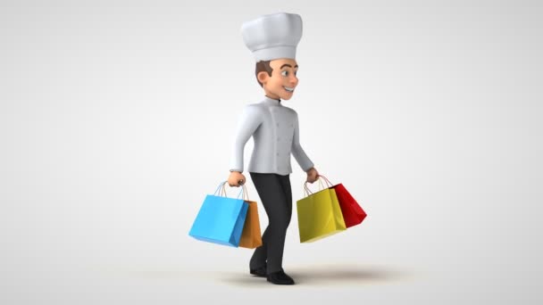 Fun Chef Character Walking Shopping Bags Animation — Stock Video