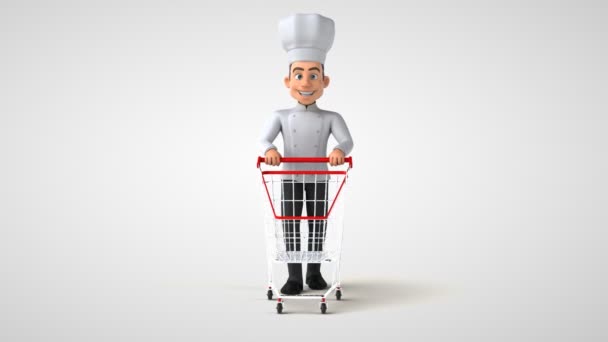 ショッピングカートで楽しいシェフキャラクターウォーキング 3Dアニメーション — ストック動画