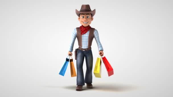 带购物袋的有趣牛仔 3D动画 — 图库视频影像