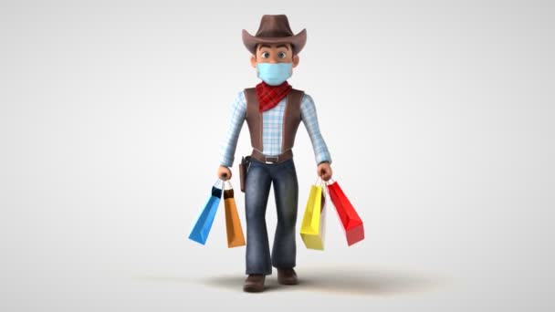 ショッピングバッグ付きの楽しいカウボーイ 3Dアニメーション — ストック動画