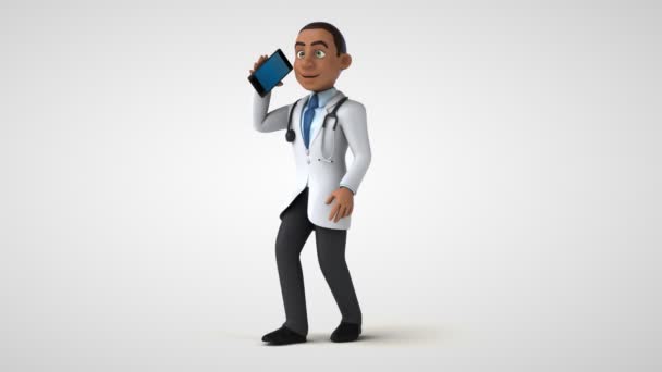 Animace Kresleného Postavičky Doktora Mluvící Smartphonu — Stock video