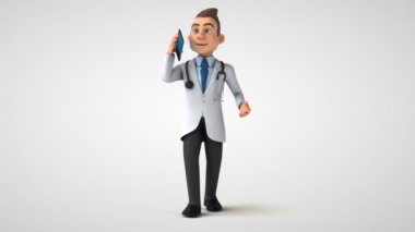 Akıllı telefondan konuşan doktor çizgi film karakterinin 3 boyutlu animasyonu 