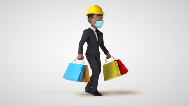 Fun Cartoon Geschäftsmann Charakter Mit Einer Maske Einkaufen — Stockvideo