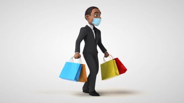 Amusant Personnage Dessin Animé Homme Affaires Avec Masque Shopping — Video