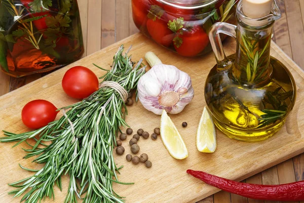 Ingredients for home canning on the kitchen table.