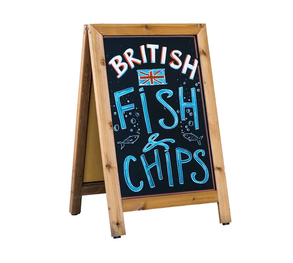 British Fish and Chips - Chalkboard advertising stand for the traditional british fast food menu — Stock Photo, Image