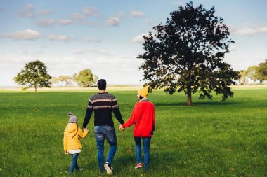 Üç dostu aile üyeleri yürüyüş birlikte yeşil çayır üzerinde varsa, dokunmayın, hoş sohbet, beraberlik ve güzel manzaralar keyfini çıkarın, mesafe içine bak, sırt için kamera standı