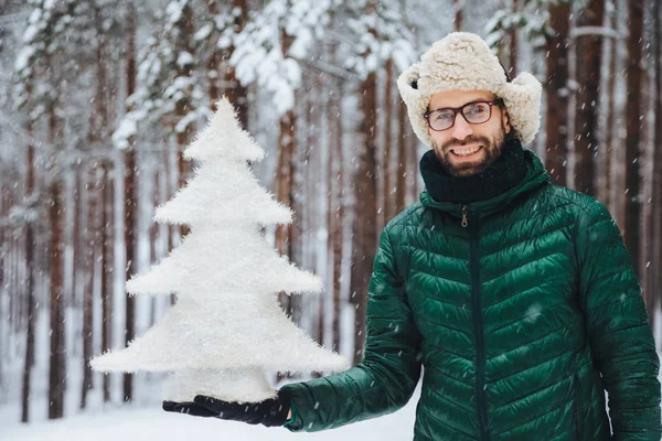Smiling positive male wears glasses, hat and anorak, holds artificial fir tree, stands against trees covered with snow, looks directly into camera with happy expression, spends time on frosty weather — Stock Photo, Image