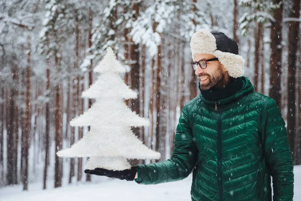 Smiling middle aged male looks with happy expression at artificial white small fir tree, going to celebrate New Year`s holidays, spends morning on fresh air in forest during snowy weather — Stock Photo, Image