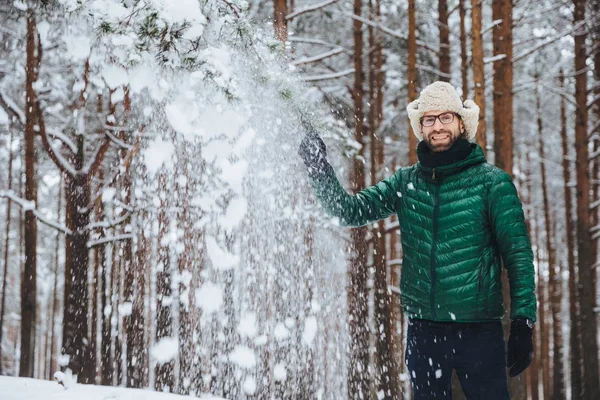 Portret van vrolijke knappe man draagt bont cap met de klep van het oor en geel en groene jas, gooit sneeuw in de lucht, geniet van vrije tijd besteden in mooie winter woud. Mensen, ontspanning concept — Stockfoto