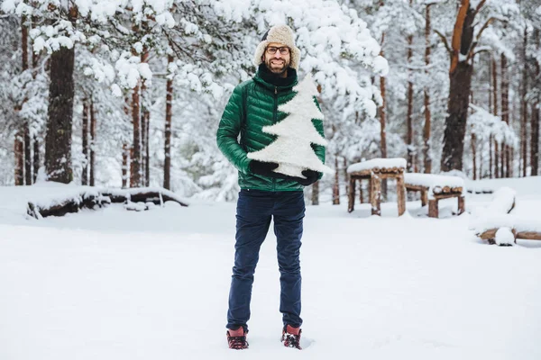 Porträtt av man med tjockt skägg och musatche har glada uttryck, promenader i vackra vinter skog, innehar liten vit konstgjord fir tree, annonserar ir innan kommande nyårshelgen — Stockfoto