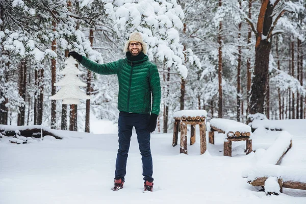 Portret pełnego wzrostu wesoły uśmiechnięty mężczyzna pokazuje biały sztucznych jodła, stoi w zimowym lesie ma wyrażenie zadowolony, miło spędzić czas na świeżym powietrzu. Zima i sezon koncepcja — Zdjęcie stockowe