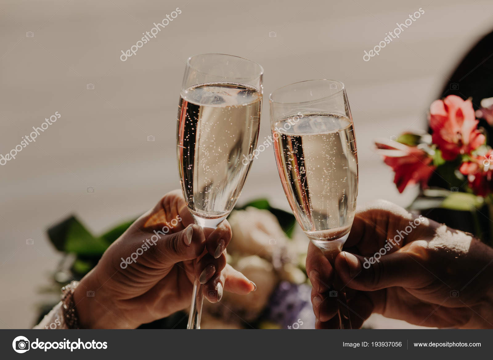Bride And Groom Toast And Clink Glasses With Champagne Celebrate