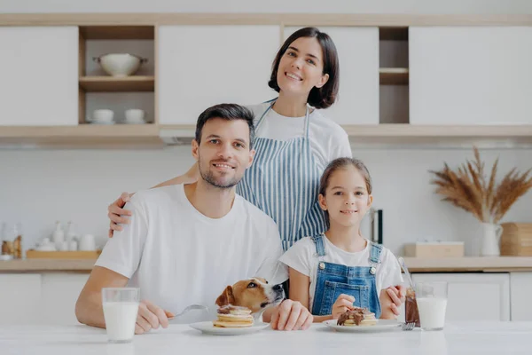 Tre membri della famiglia e il loro animale domestico posare tutti insieme in cucina, mangiare frittelle dolci con cioccolato, bere latte, affettuosa casalinga posa dietro marito e figlia, abbraccia, prepara la colazione — Foto Stock